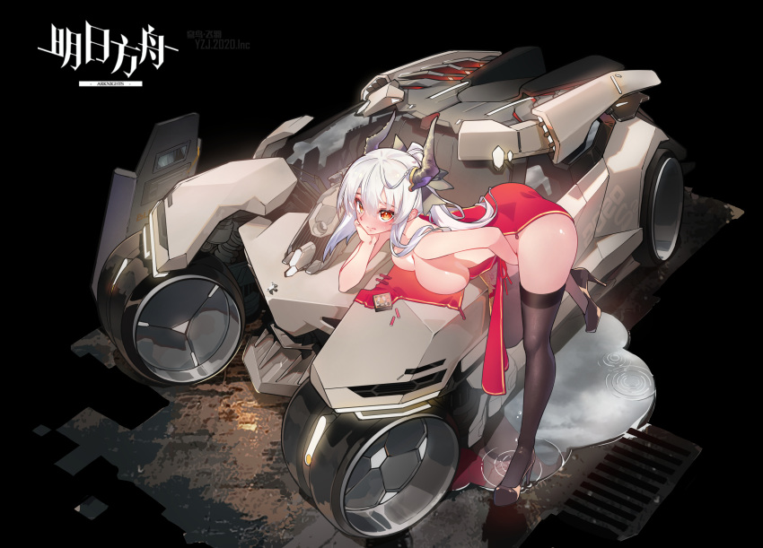 1girl absurdres arknights arm_support bangs bent_over black_footwear black_legwear blush breasts china_dress chinese_clothes cleavage copyright_name dress embarrassed from_above full-face_blush full_body ground_vehicle hair_between_eyes hand_on_own_chin high_heels highres horns large_breasts leg_up liskam_(arknights) long_hair looking_at_viewer looking_up masturbation no_panties open_clothes open_dress parted_lips ponytail puddle red_dress red_eyes reflection sidelocks silver_hair solo standing standing_on_one_leg thighhighs water zipplin