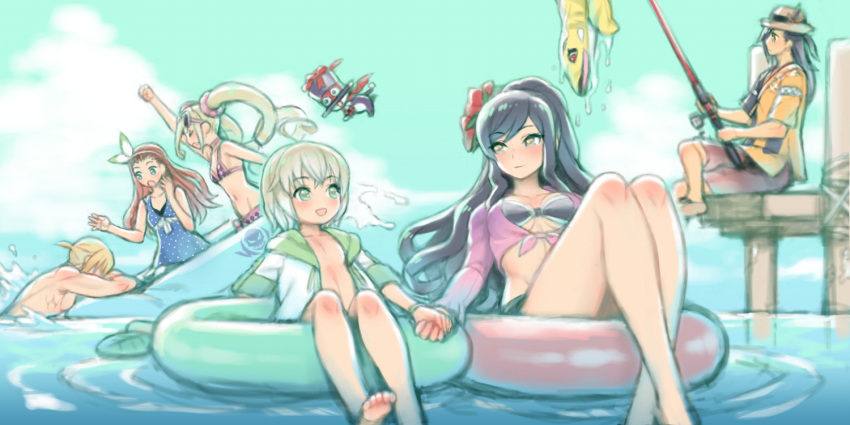&gt;_&lt; 3boys 3girls ahoge arm_up bangs barefoot bikini black_bikini_top black_hair blonde_hair blue_swimsuit blush bow bracelet breasts brown_eyes brown_hair brown_shorts casual_one-piece_swimsuit cleavage closed_eyes closed_mouth collarbone crossed_legs day dress_shirt eizen_(tales) eleanor_hume eye_contact fishing fishing_rod flat_chest folks_(nabokof) green_eyes groin hair_bow hair_intakes hairband high_ponytail holding holding_hands hood hood_down hooded_jacket innertube jacket jewelry laphicet_(tales) light_smile long_hair looking_at_another magilou_(tales) medium_breasts midriff multiple_boys multiple_girls navel ocean one-piece_swimsuit open_clothes open_jacket open_shirt orange_shirt outdoors pink_bikini pink_shirt polka_dot polka_dot_swimsuit rokurou_rangetsu shirt short_sleeves shorts sitting soaking_feet soles stomach swept_bangs swimsuit tales_of_(series) tales_of_berseria tied_shirt twintails underboob velvet_crowe very_long_hair white_bow white_hairband white_jacket yellow_eyes