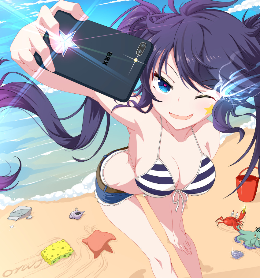 1girl ;d absurdres armpits asymmetrical_hair bangs beach belt bent_over black_rock_shooter black_rock_shooter_(character) blue_eyes blue_shorts breasts brown_belt cleavage collarbone day denim denim_shorts floating_hair gradient_hair halterneck hand_on_own_knee heart heart-shaped_pupils highres long_hair medium_breasts multicolored_hair ocean one_eye_closed open_mouth outdoors oywj purple_hair self_shot short_shorts shorts sideboob smile solo striped_bikini_top swept_bangs symbol-shaped_pupils torn_clothes torn_shorts very_long_hair