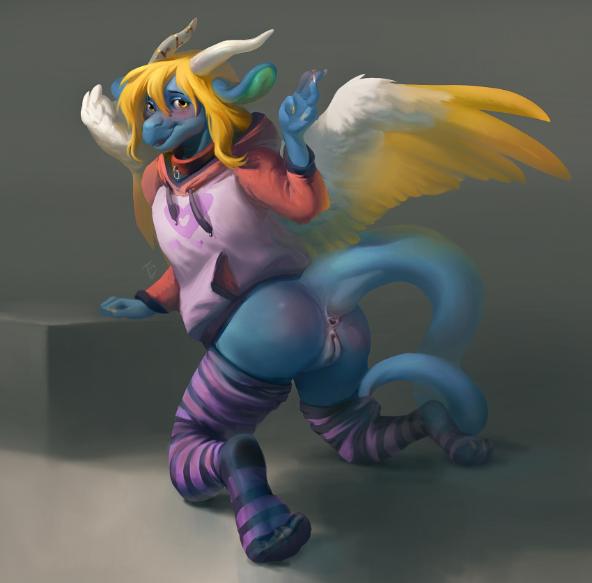2020 anthro anus big_butt bottomless butt clothed clothing collar digital_media_(artwork) dragon feathered_wings feathers female genitals hair hi_res hoodie horn legwear levant_lazuli locksto long_tail pattern_clothing pattern_legwear pussy reptile scalie simple_background smile solo stockings striped_clothing striped_legwear striped_stockings stripes topwear wings without_breast