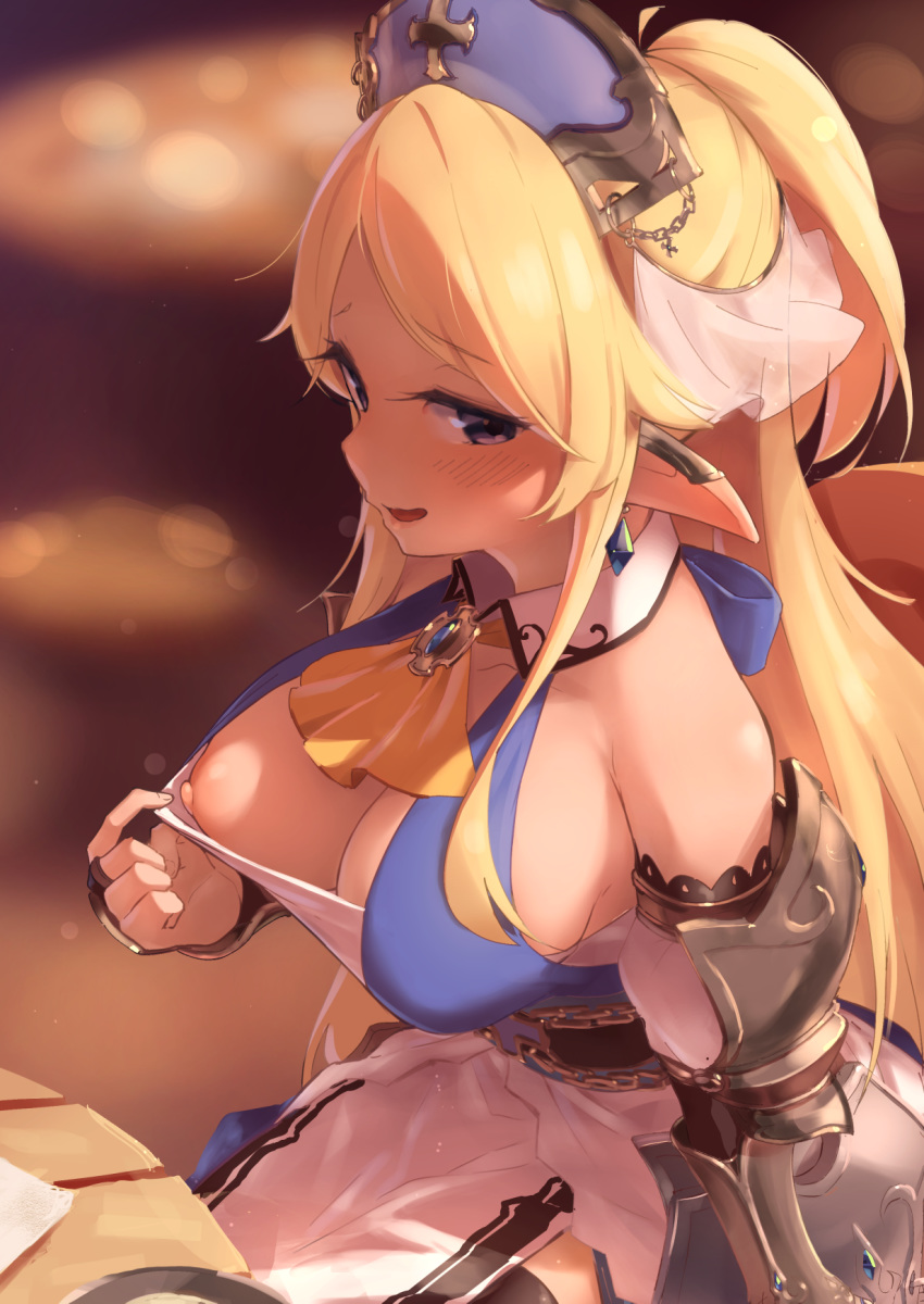 1girl :d arm_guards armor ayase_yukari bangs blonde_hair blurry blurry_background blush breasts clothes_tug cross dress earrings half_updo hat highres jewelry long_hair looking_at_viewer nipples nitro_(mugityaoisii) open_mouth pointy_ears princess_connect! princess_connect!_re:dive purple_eyes shirt sitting smile solo