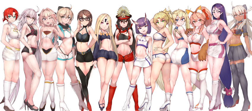 1boy 6+girls abigail_williams_(fate/grand_order) absurdly_long_hair animal_ear_fluff animal_ears arm_up ass astolfo_(fate) bad_id bad_pixiv_id bangs bare_arms bare_shoulders black_footwear black_shorts black_sleeves blonde_hair blue_eyes blush boots boudica_(fate/grand_order) bow bradamante_(fate/grand_order) braid breasts brown_eyes character_request cleavage cleavage_cutout closed_mouth collarbone commentary consort_yu_(fate) covered_nipples crop_top detached_sleeves eyebrows_visible_through_hair fang fate/grand_order fate_(series) fox_ears fox_girl fox_tail from_behind full_body gloves green_eyes hair_between_eyes hair_bow halterneck head_tilt high_heel_boots high_heels high_ponytail highres horns jeanne_d'arc_(alter)_(fate) jeanne_d'arc_(fate)_(all) keyhole knee_boots large_breasts light_brown_hair long_hair long_sleeves looking_at_viewer looking_back medium_breasts midriff minamoto_no_raikou_(fate/grand_order) miniskirt mordred_(fate) mordred_(fate)_(all) multiple_girls navel oda_nobunaga_(fate) oda_nobunaga_(fate)_(all) odd_one_out okita_souji_(fate) okita_souji_(fate)_(all) one_eye_closed oni oni_horns otoko_no_ko parted_bangs parted_lips paw_gloves paws pink_hair ponytail puffy_long_sleeves puffy_shorts puffy_sleeves purple_eyes purple_hair race_queen red_bow red_eyes shirt shoes short_eyebrows short_shorts shorts shoulder_blades shuten_douji_(fate/grand_order) sidelocks sikijou77o silver_hair simple_background single_braid skin-covered_horns skirt small_breasts smile tail tamamo_(fate)_(all) tamamo_cat_(fate) thick_eyebrows thigh_boots thighhighs v very_long_hair white_background white_footwear white_legwear white_shirt white_skirt