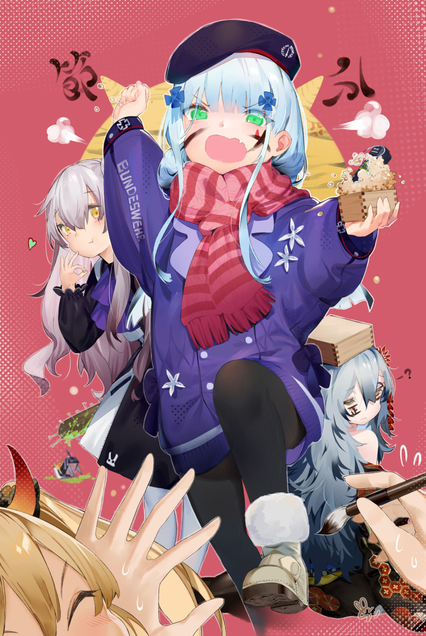 4girls :t arm_up ascot bangs beret black_headwear black_kimono black_legwear black_shirt black_skirt blue_hair boots bow calligraphy_brush closed_mouth commentary dinergate_(girls_frontline) eating eyebrows_visible_through_hair facepaint fringe_trim fur-trimmed_boots fur_trim g11_(girls_frontline) girls_frontline green_eyes grey_footwear grey_hair hair_between_eyes hat heart highres hk416_(girls_frontline) holding holding_paintbrush iron_cross jacket japanese_clothes kimono light_brown_hair long_hair long_sleeves multiple_girls off_shoulder on_head paintbrush pantyhose puffy_long_sleeves puffy_sleeves purple_bow purple_jacket purple_neckwear red_scarf revision scarf setsubun shirt shoe_soles signature sitting skirt standing standing_on_one_leg suspender_skirt suspenders twintails ump45_(girls_frontline) ump9_(girls_frontline) v-shaped_eyebrows very_long_hair white_legwear yamano_(yamanoh) younger