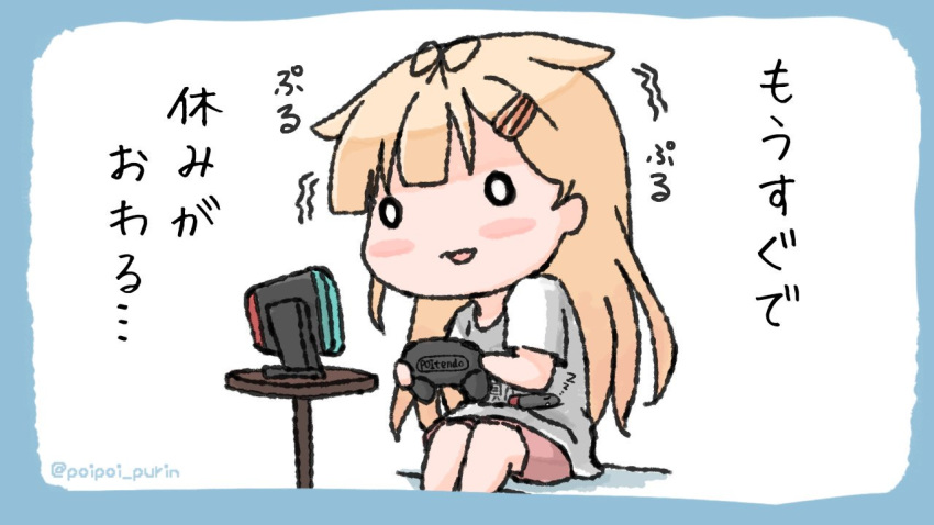 1girl alternate_costume bangs blonde_hair blush chibi controller game_console game_controller hair_flaps hair_ornament hair_ribbon hairclip holding holding_controller kantai_collection long_hair nintendo_switch o_o open_mouth remodel_(kantai_collection) ribbon sattsu shirt shorts simple_background sitting solo t-shirt table torpedo translation_request twitter_username yuudachi_(kantai_collection) zzz
