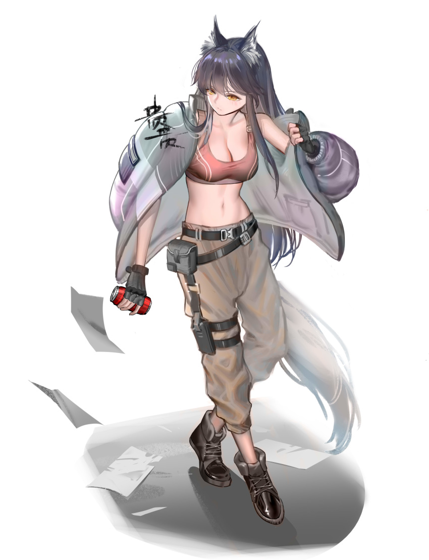 1girl absurdres animal_ear_fluff animal_ears arknights bangs bare_shoulders black_footwear black_gloves black_hair boots breasts brown_eyes brown_pants can cleavage commentary crop_top fingerless_gloves full_body gloves grey_jacket highres holding holding_can jacket long_hair long_sleeves medium_breasts midriff navel off_shoulder open_clothes open_jacket pants paper pouch sidelocks simple_background solo sports_bra standing stomach tail texas_(arknights) very_long_hair white_background wolf_ears wolf_tail wu-gg