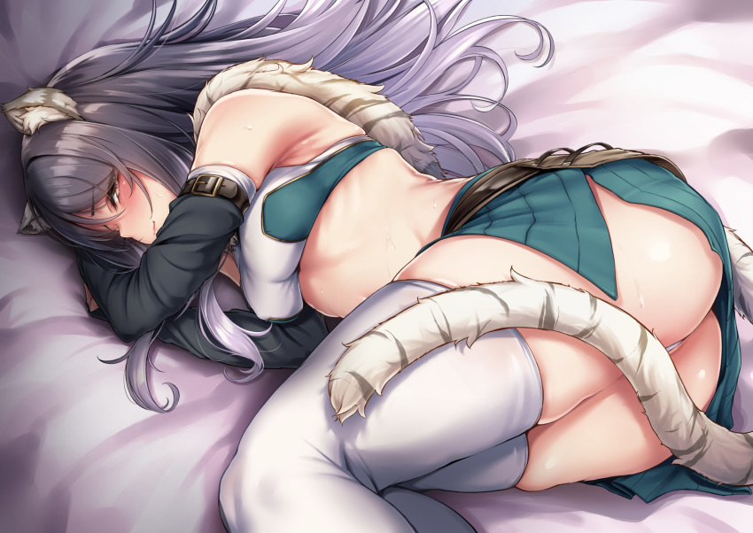 1girl animal_ear_fluff animal_ears bangs bare_shoulders black_hair blush breasts eyebrows_visible_through_hair fingerless_gloves gloves gradient_hair hair_between_eyes highres kashiwazaki_shiori kurofude_anna long_hair looking_at_viewer lying midriff multicolored_hair on_side princess_connect! princess_connect!_re:dive skindentation smile solo tail thighhighs thighs tiger_ears white_legwear