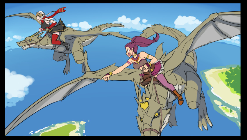 2girls bandeau black_border blue_sky border bridle choker cloud detached_collar dragon dragon_riding edelgard_von_hresvelg fire_emblem fire_emblem:_three_houses flying from_side gloves horned_headwear looking_afar midriff mikoyan miniskirt multiple_girls ocean open_mouth outstretched_arm petra_macneary pointing ponytail profile purple_hair red_legwear riding saddle scarf shirt sideways_mouth silver_hair single_glove sketch skirt sky sleeveless sleeveless_shirt smile stirrups thighhighs wings wrist_cuffs wyvern