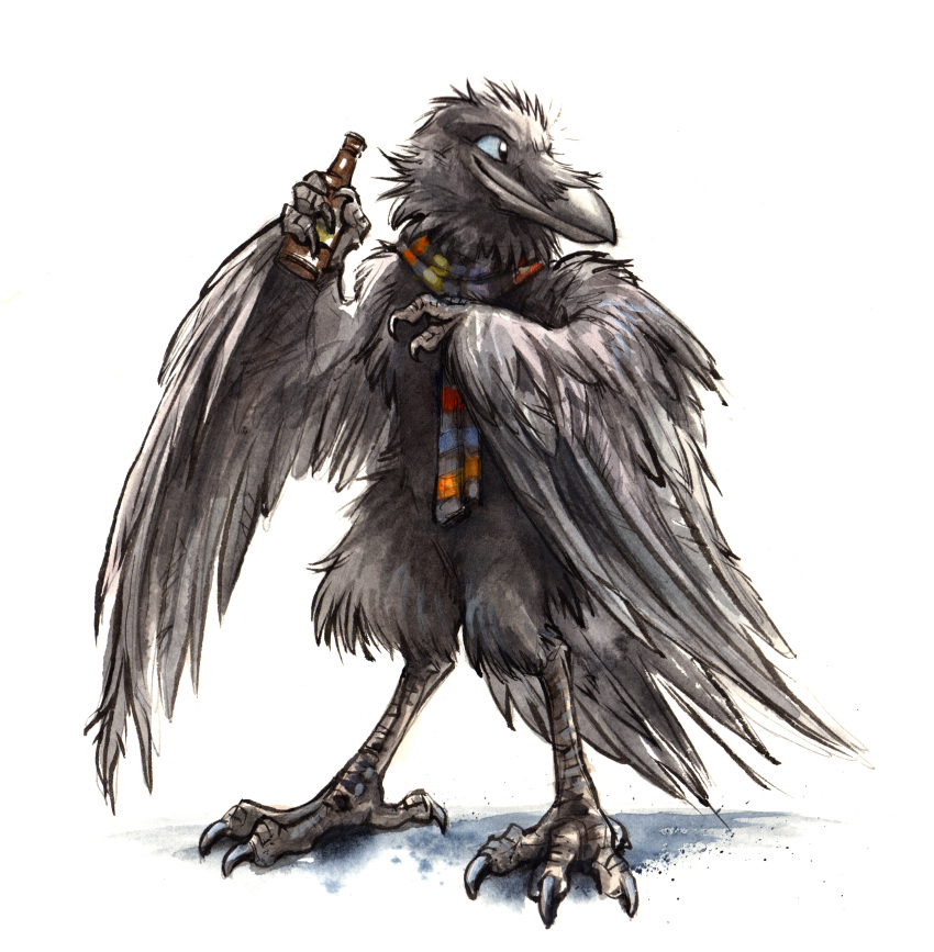 2015 absurd_res alcohol anthro avian beak beer beverage biped bird black_body black_feathers blue_eyes claws corvid corvus_(genus) crow digitigrade feathered_wings feathers female food front_view full-length_portrait hi_res kenket looking_back mostly_nude multicolored_neckwear neckwear painting_(artwork) portrait pose raven scales scarf simple_background solo standing talons traditional_media_(artwork) watercolor_(artwork) white_background winged_arms wings