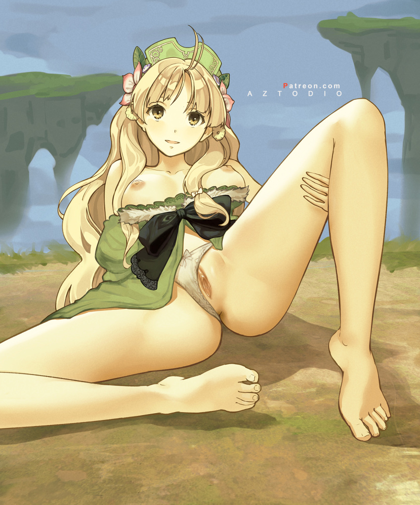 1girl arm_support artist_name atelier_(series) atelier_ayesha ayesha_altugle azto_dio barefoot blonde_hair blush brown_eyes censored dress dress_pull feet flower green_dress green_skirt hair_flower hair_ornament hat highres long_hair mosaic_censoring nipples open_mouth outdoors pussy skirt smile solo spread_legs thighs waist_bow