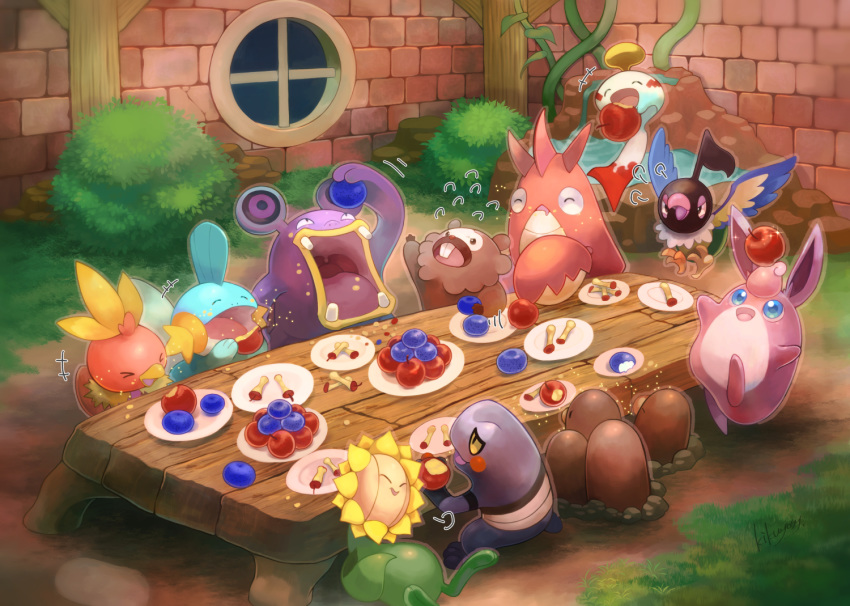 &gt;_&lt; =3 annoyed apple apple_core arm_up artist_name belly berry bidoof black_eyes blue_eyes blush blush_stickers breath buck_teeth bush chatot chimecho closed_eyes commentary_request corphish croagunk diglett drooling dugtrio eating everyone floating flying flying_sweatdrops food food_on_face food_theft from_behind fruit fushigi_no_dungeon gen_1_pokemon gen_2_pokemon gen_3_pokemon gen_4_pokemon grass half-closed_eyes hand_up happy holding indoors jumping kikuyoshi_(tracco) light_blush looking_up loudred lying motion_lines mudkip night no_humans object_on_head on_back open_mouth outline plant plate pokemon pokemon_(creature) pokemon_(game) pokemon_fushigi_no_dungeon signature smile sparkle squinting standing sunflora table tongue torchic uvula vines water wigglytuff window yellow_sclera