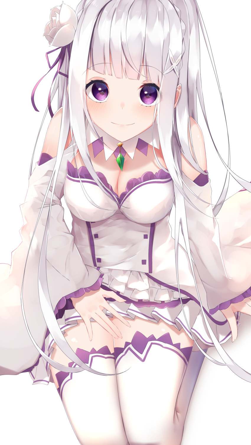 1girl absurdres bangs breasts clavat closed_mouth commentary_request emilia_(re:zero) eyebrows_visible_through_hair flower hair_flower hair_ornament hair_ribbon highres lap_pillow_invitation long_hair long_sleeves medium_breasts pleated_skirt purple_eyes purple_ribbon re:zero_kara_hajimeru_isekai_seikatsu ribbon rose shirt simple_background skirt sleeves_past_wrists smile solo suisen-21 thighhighs very_long_hair white_background white_flower white_hair white_legwear white_rose white_shirt white_skirt wide_sleeves