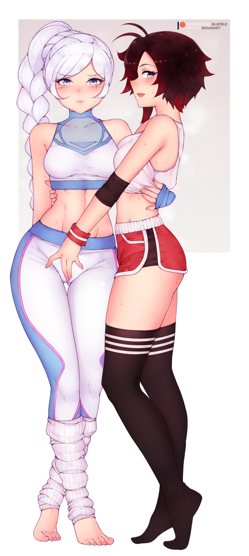 2girls :d absurdres ass ass_visible_through_thighs bangs bare_shoulders barefoot black_hair black_legwear blue_eyes bluefield blush braid breasts cameltoe fingering fingering_through_clothes groin highres loose_socks midriff multiple_girls navel open_mouth ponytail ruby_rose rwby scar scar_across_eye short_hair shorts smile sweat thighhighs through_clothes tiptoes weiss_schnee white_hair white_legwear wristband yuri