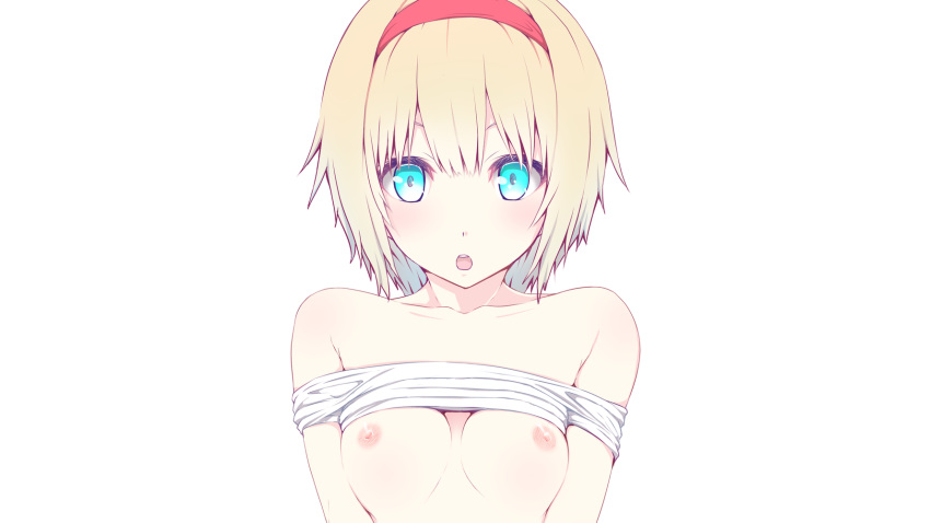 alice_margatroid aqua_eyes blonde_hair breasts headband nipples nirap no_bra shirt_lift short_hair touhou white