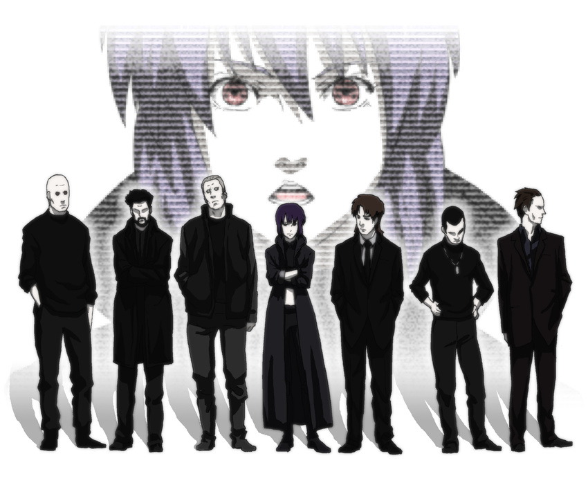 6+boys bald batou black_hair boma_(ghost_in_the_shell) brown_hair coat crossed_arms everyone formal ghost_in_the_shell ghost_in_the_shell_stand_alone_complex grey_hair hand_in_pocket hands_in_pockets hands_on_hips hat head_tilt ishikawa jacket jewelry kusanagi_motoko lineup looking_away looking_down multiple_boys necklace necktie no_eyes open_mouth paz purple_hair red_eyes saito shadow short_hair sjw_kazuya standing suit sweater togusa