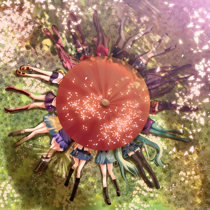 ada_wong aisaka_taiga animal_print annotated bat_print bishoujo_senshi_sailor_moon blue_legwear blue_skirt cherry_blossoms circle_formation clover crossover dxlsmax_(lizhimin) evangelion:_2.0_you_can_(not)_advance fairy_tail feet fight_ippatsu!_juuden-chan!! flower from_above green_legwear haruka_(pokemon) hatsune_miku head_out_of_frame highres k-on! kita_high_school_uniform kotobuki_tsumugi legs lucy_heartfilia lying macross macross_frontier magical_girl makinami_mari_illustrious morrigan_aensland multiple_crossover multiple_girls nagato_yuki neon_genesis_evangelion on_back oriental_umbrella pantyhose plug_cryostat plugsuit pokemon print_legwear ranka_lee rebuild_of_evangelion resident_evil sailor_moon sailor_senshi_uniform school_uniform serafuku sheryl_nome skirt socks spring_onion suzumiya_haruhi suzumiya_haruhi_no_yuuutsu thighhighs toradora! tsukino_usagi umbrella vampire_(game) vocaloid wings zettai_ryouiki