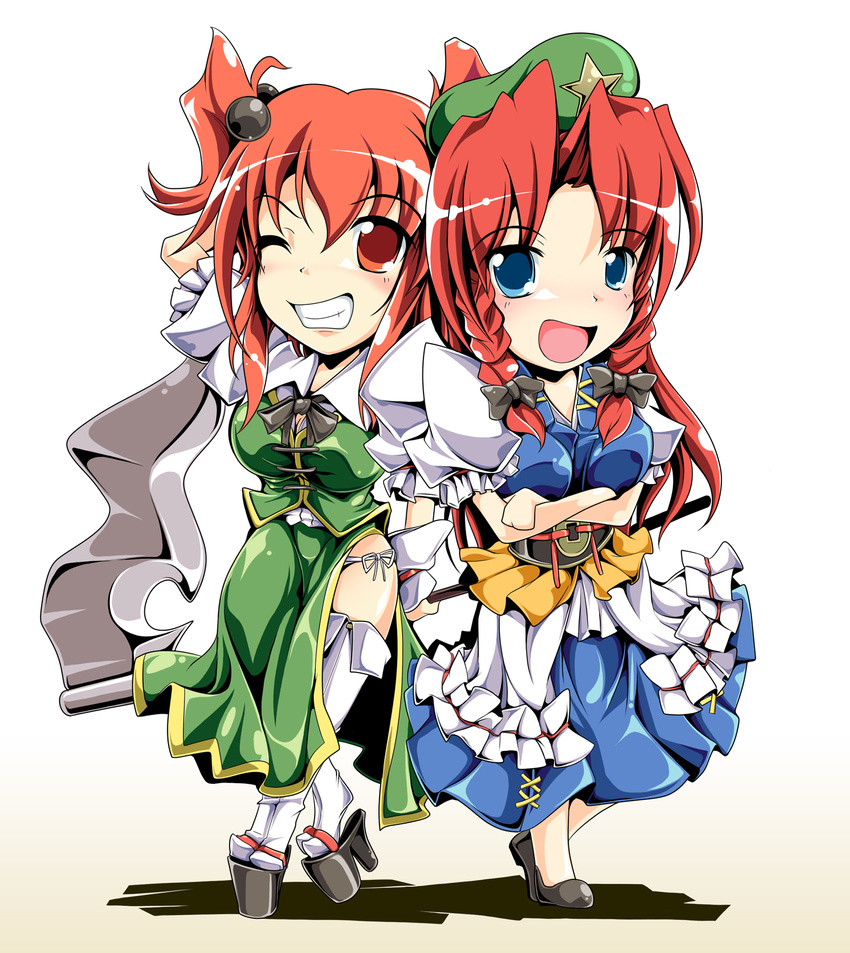 bad_id bad_pixiv_id chibi cosplay costume_switch high_heels highres hong_meiling hong_meiling_(cosplay) ichirino_minagi multiple_girls onozuka_komachi onozuka_komachi_(cosplay) platform_footwear platform_heels shoes thighhighs touhou