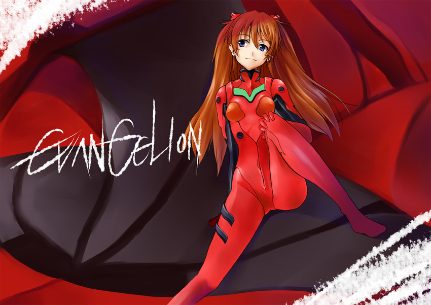 arm_support blue_eyes bodysuit highres leg_up long_hair looking_away neon_genesis_evangelion orange_hair plugsuit shikinami_asuka_langley shinkirou_(s-k-w) sitting skin_tight smile solo souryuu_asuka_langley