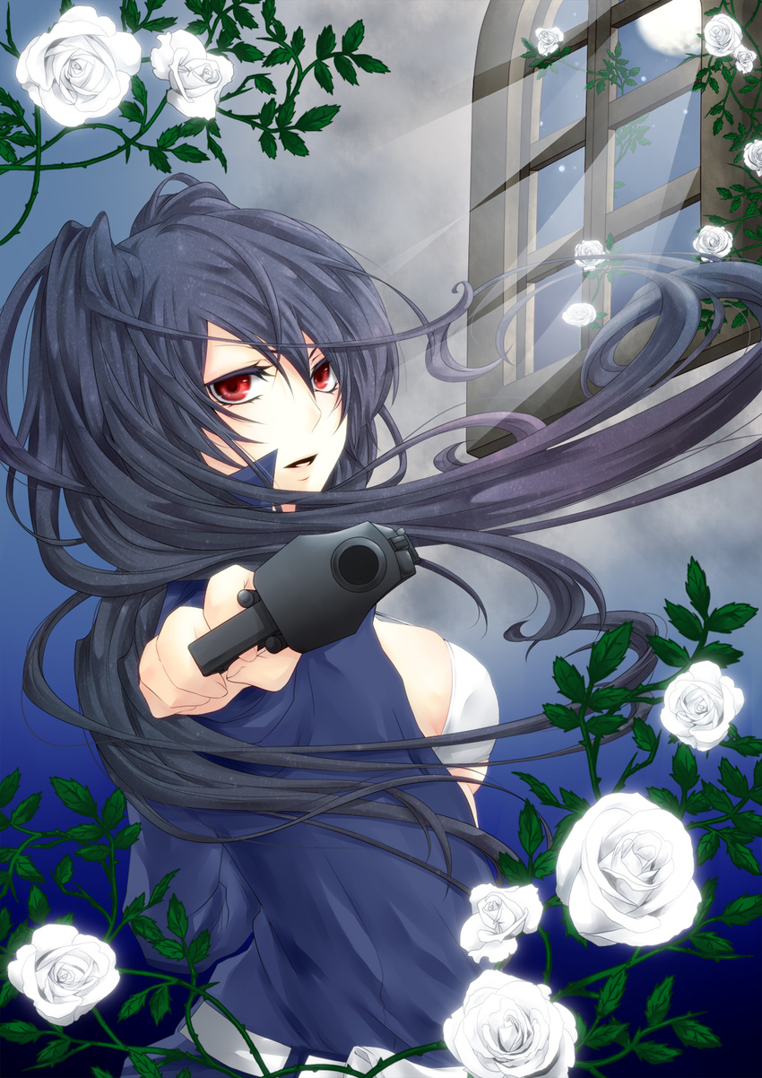 aiming_at_viewer bad_id bad_pixiv_id black_hair breasts desert_eagle flower gun handgun highres long_hair looking_back medium_breasts moon moonlight open_clothes open_shirt original pistol red_eyes rico_(fbn3) rose shirt sideboob solo twintails weapon white_flower white_rose wind wind_lift window