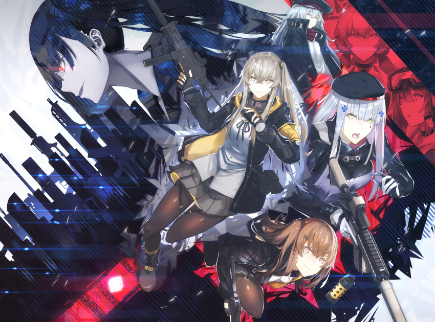 404_(girls_frontline) 6+girls absurdres armband assault_rifle bangs beret black_bow black_footwear black_gloves black_hair black_legwear black_serafuku black_skirt blonde_hair blue_eyes blue_hair boots bow braid breasts brown_eyes brown_hair choker closed_mouth coat commentary_request crossed_bangs expressionless facial_mark fingerless_gloves flashbang g11_(girls_frontline) girls_frontline gloves goggles goggles_on_head green_eyes grey_hair grey_skirt gun h&amp;k_ump h&amp;k_ump45 h&amp;k_ump9 hair_between_eyes hair_bow hair_ornament hairclip hat heckler_&amp;_koch heterochromia highres hk416 hk416_(girls_frontline) holding holding_grenade holding_gun holding_weapon hood hood_down hooded_jacket huge_filesize inpamas jacket lens_flare long_hair looking_at_viewer medium_breasts multiple_girls one_side_up open_clothes open_coat open_jacket open_mouth ots-14_(girls_frontline) ouroboros_(girls_frontline) pantyhose pleated_skirt pouch red_eyes ribbon rifle sangvis_ferri scar scar_across_eye scarf scarf_on_head school_uniform serafuku shirt sidelocks silver_hair skirt smile smirk smoke_grenade snorkel spp-1_(girls_frontline) star star_choker submachine_gun tareme taut_jacket teardrop thigh_strap thighhighs trigger_discipline tsurime twintails ump45_(girls_frontline) ump9_(girls_frontline) untucked_shirt very_long_hair weapon white_shirt yellow_eyes