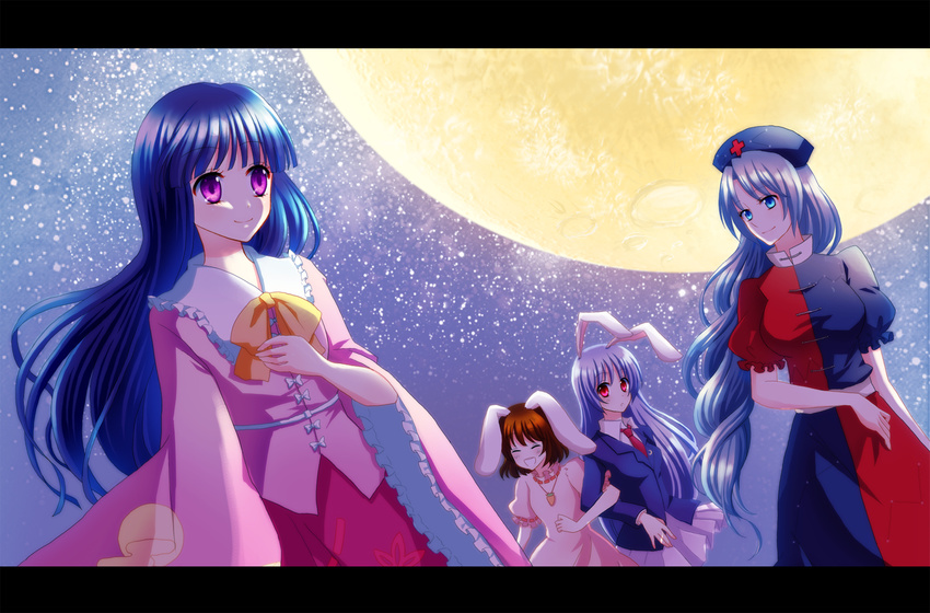 animal_ears bad_id bad_pixiv_id bangs black_hair blouse blunt_bangs bow bowtie braid bunny_ears full_moon houraisan_kaguya inaba_tewi lavender_hair long_hair looking_at_viewer moko_ko moon multiple_girls necktie nurse red_eyes red_neckwear reisen_udongein_inaba short_hair single_braid standing touhou very_long_hair yagokoro_eirin yellow_bow yellow_neckwear