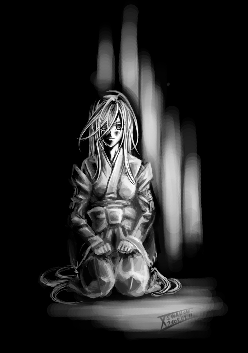 greyscale highres himemiya_chikane japanese_clothes kannazuki_no_miko long_hair miko monochrome sad seiza sitting solo tears very_long_hair xswallow