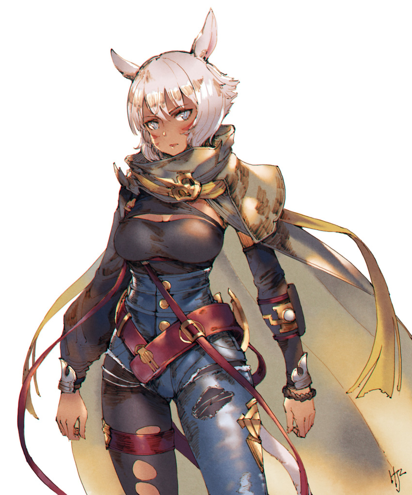 1girl absurdres animal_ears bangs belt black_bodysuit blush bodysuit breasts buttons cape cat_ears cat_girl cat_tail closed_mouth commentary_request cosplay dark_skin facial_mark final_fantasy final_fantasy_xiv granblue_fantasy haimerejzero highres ilsa_(granblue_fantasy) ilsa_(granblue_fantasy)_(cosplay) lips long_sleeves looking_at_viewer medium_breasts miqo'te shiny shiny_hair short_hair signature silver_hair simple_background skin_tight tail torn_clothes turtleneck white_background y'shtola_rhul
