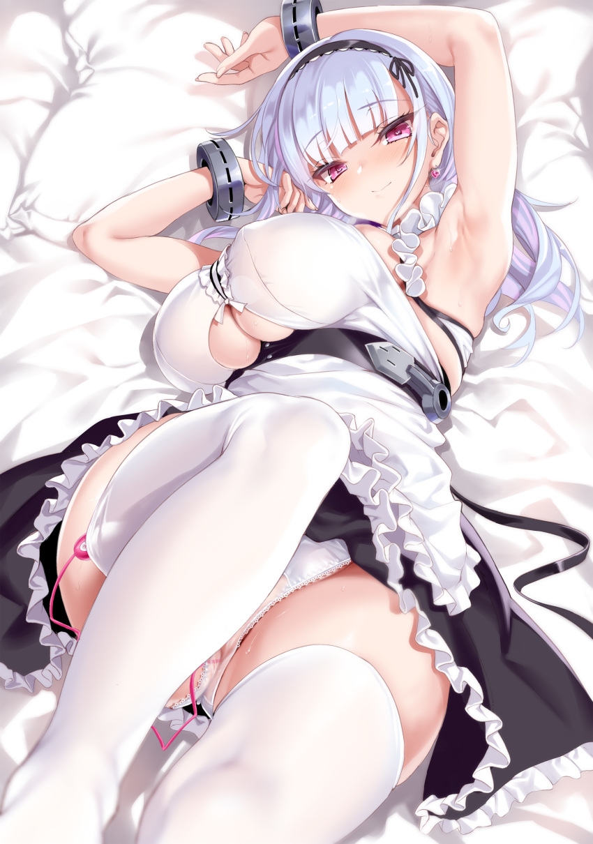 1girl absurdres apron armpits arms_up azur_lane bangs bare_shoulders bed_sheet black_hairband blush breasts center_frills closed_mouth convenient_censoring convenient_leg covered_nipples cuffs dido_(azur_lane) earrings egg_vibrator eyebrows_visible_through_hair fantia_reward frilled_apron frills hairband heart heart_earrings highres jewelry kure_masahiro lace-trimmed_hairband large_breasts long_hair looking_at_viewer lying maid_apron medium_hair object_insertion on_back paid_reward panties pillow purple_eyes remote_control_vibrator see-through shirt silver_hair sleeveless sleeveless_shirt smile solo sweat thighhighs thighs underboob underboob_cutout underwear vaginal vaginal_object_insertion vibrator vibrator_in_thighhighs vibrator_under_clothes vibrator_under_panties waist_apron white_apron white_legwear white_panties