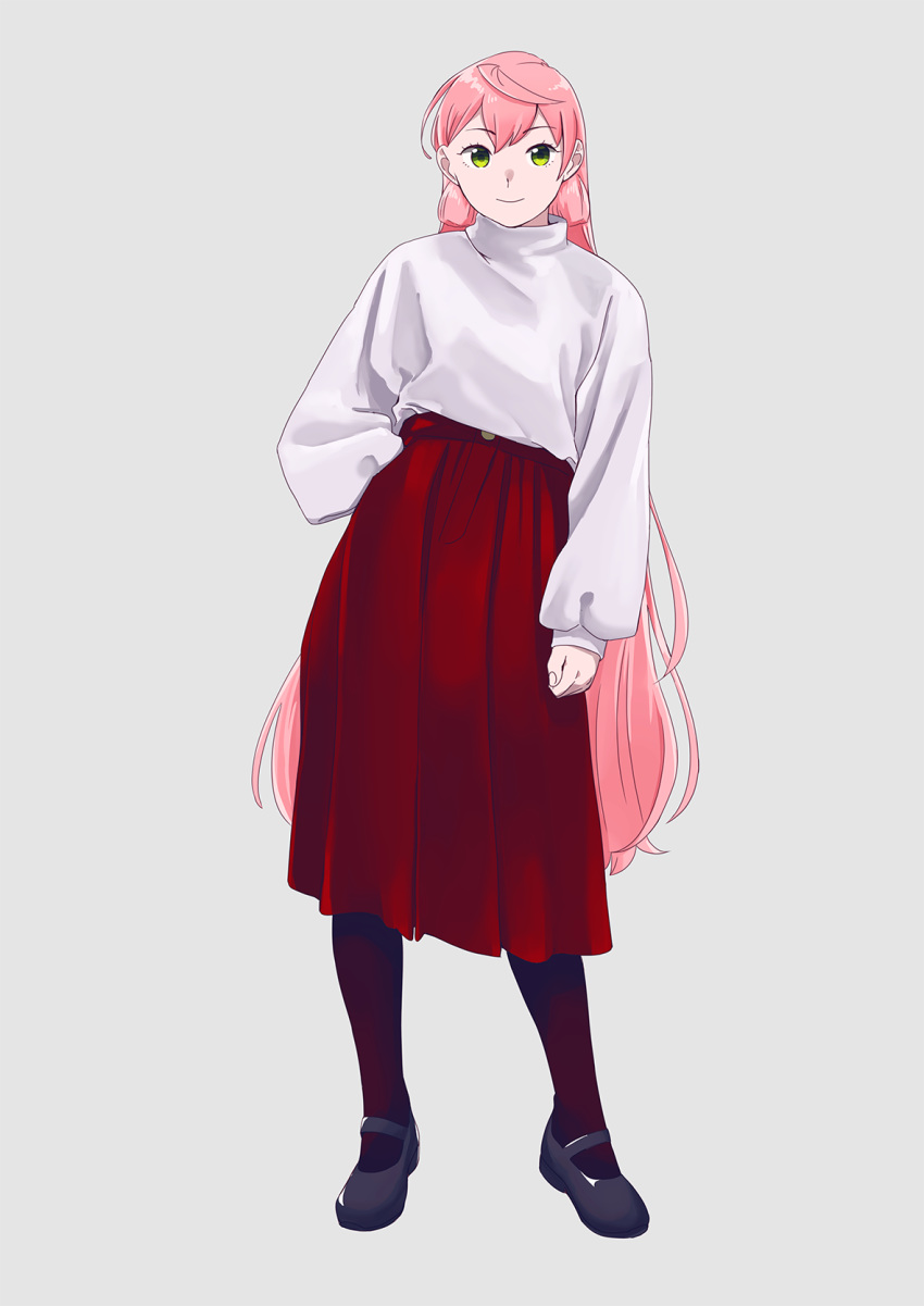 1girl akashi_(kantai_collection) alternate_costume casual full_body green_eyes hair_ribbon highres kantai_collection long_hair long_sleeves looking_at_viewer ojipon pantyhose pink_hair ribbon smile solo sweater tress_ribbon turtleneck turtleneck_sweater