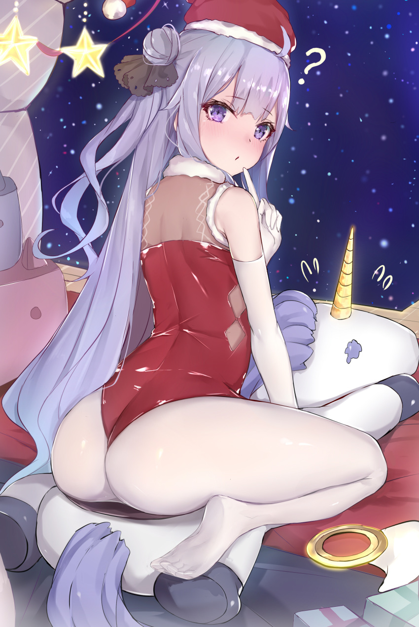 absurdres azur_lane blush box christmas commentary_request diamond_(shape) elbow_gloves finger_to_mouth full_body fur-trimmed_hat gift gift_box gloves hair_bun hair_ribbon hat highres index_finger_raised leotard long_hair looking_at_viewer looking_back no_shoes one_side_up pantyhose purple_eyes purple_hair red_headwear red_leotard revision ribbon riding santa_hat sherryqq side_bun side_cutout sidelocks sleeveless solo star stuffed_unicorn unicorn_(azur_lane) very_long_hair white_gloves white_legwear