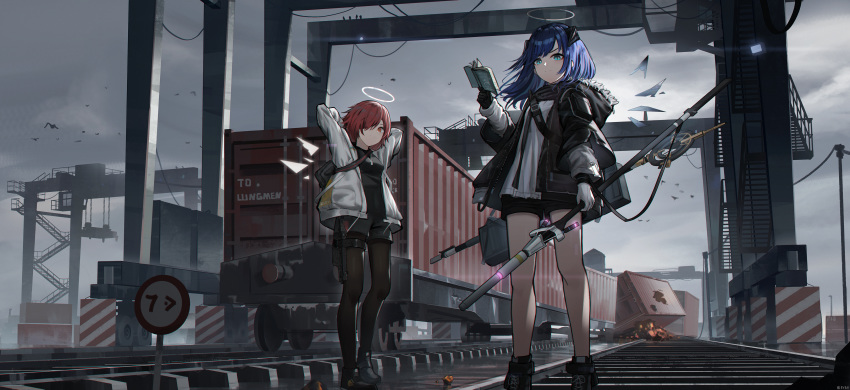 2girls absurdres arknights arms_behind_head arms_up bag bangs bird black_footwear black_gloves black_jacket black_legwear black_shirt black_shorts blue_eyes blue_hair book boots breasts closed_mouth cloud cloudy_sky container crane_(machine) even_(17245601) exusiai_(arknights) eyebrows_visible_through_hair fur-trimmed_hood fur_trim gantry gloves ground_vehicle hair_over_one_eye halo highres holding holding_book hood hood_down hooded_jacket horns huge_filesize jacket legwear_under_shorts light_smile looking_at_viewer mismatched_gloves mostima_(arknights) multiple_girls open_book open_clothes open_jacket outdoors overcast pale_skin pantyhose railroad_tracks red_eyes red_hair revision road_sign shipping_container shirt short_shorts shorts shoulder_bag sign signature sky small_breasts staff standing train v-shaped_eyebrows white_gloves white_jacket white_shirt wreckage