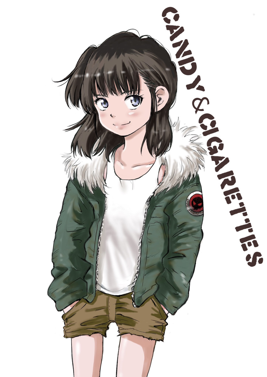 1girl black_hair blue_eyes candy_&amp;_cigarettes child commentary_request copyright_name cowboy_shot hands_in_pockets highres inoue_tomonori jacket looking_at_viewer official_art open_clothes open_jacket parka shirt short_shorts shorts shoulder_patches side_ponytail simple_background smile solo standing suzukaze_miharu unzipped white_background white_shirt