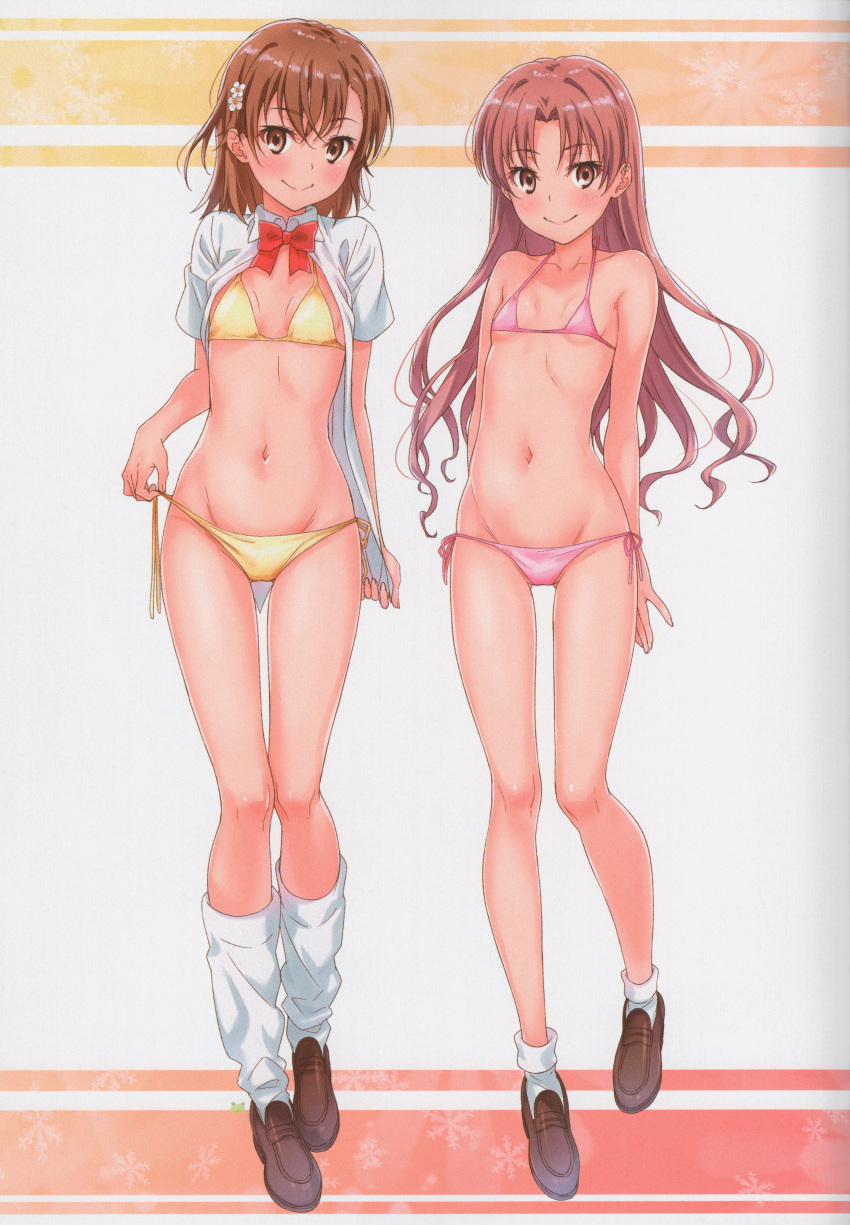 2girls absurdres adjusting_clothes adjusting_swimsuit bangs bikini blush bow breasts brown_eyes brown_hair eyebrows_visible_through_hair full_body hair_bow hair_ornament highres huge_filesize long_hair looking_at_viewer misaka_mikoto multiple_girls navel pink_bikini puma_(hyuma1219) scan shirai_kuroko shoes side-tie_bottom small_breasts smile socks swimsuit to_aru_kagaku_no_railgun to_aru_majutsu_no_index twintails white_legwear yellow_bikini