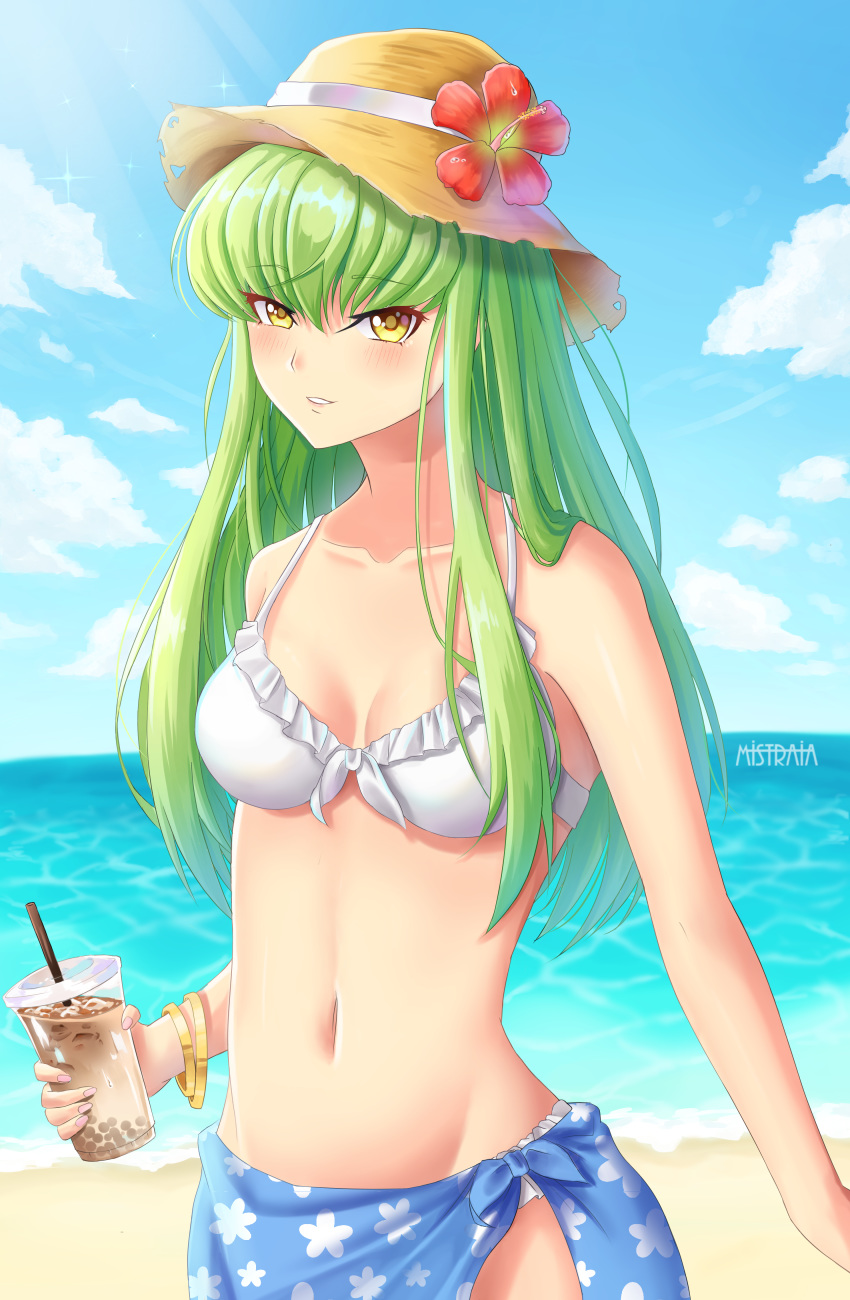 1girl absurdres artist_name bangs beach blue_sky blush breasts c.c. cleavage cloud code_geass collarbone day eyebrows_visible_through_hair flower frilled_bikini_top front-tie_bikini front-tie_top green_hair groin hair_between_eyes hat hat_flower hat_ribbon hibiscus highres holding long_hair looking_at_viewer medium_breasts mistraia navel ocean outdoors parted_lips red_flower ribbon sarong shiny shiny_hair sky solo standing straight_hair straw_hat sun_hat white_bikini_top white_ribbon yellow_eyes yellow_headwear