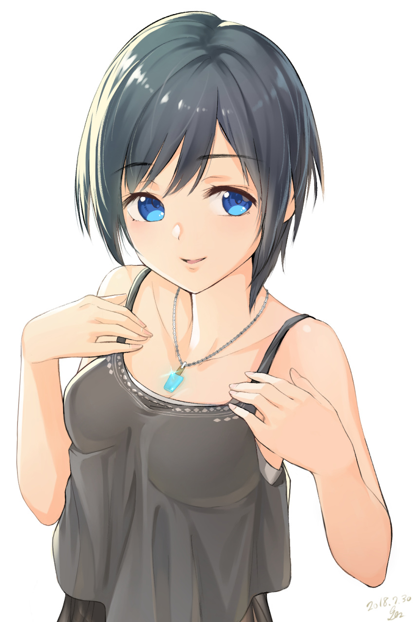 1girl black_hair blue_eyes breasts casual cleavage commentary_request gogo_(detteiu_de) highres kingdom_hearts kingdom_hearts_358/2_days looking_at_viewer open_mouth short_hair simple_background smile solo white_background xion_(kingdom_hearts)