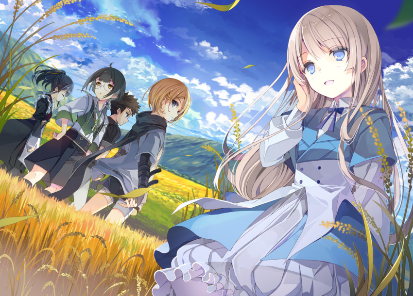 2boys 3girls :d apron bandaged_leg bandages black_hair black_scarf blonde_hair blue_eyes blue_neckwear blue_sky bow bowtie character_request closed_eyes closed_mouth cloud copyright_request day dress eyebrows_visible_through_hair field frilled_dress frills fruit_punch jacket landscape leaf long_hair long_sleeves looking_afar looking_at_viewer looking_to_the_side maid maid_apron mountain multiple_boys multiple_girls novel_illustration official_art open_mouth outdoors ponytail puffy_long_sleeves puffy_sleeves scarf short_hair short_sleeves shorts sidelocks sky smile very_long_hair