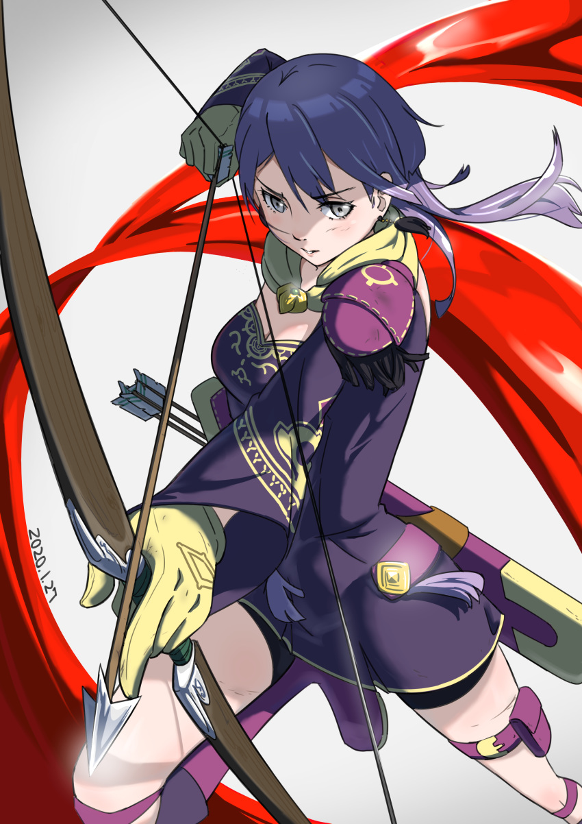 1girl absurdres arrow bernadetta_von_varley bike_shorts boots bow_(weapon) breasts cleavage dated dress earrings fire_emblem fire_emblem:_three_houses foreshortening gloves gradient gradient_background grey_background highres jewelry knee_boots long_sleeves medium_breasts medium_hair parted_lips purple_dress purple_footwear purple_hair quiver shadow shimizu_kazunari short_dress silver_eyes solo thigh_pouch thigh_strap thighs weapon wind yellow_gloves