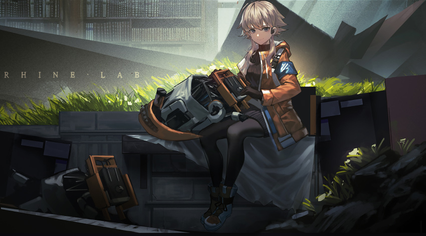 1girl ankle_boots arknights armband blue_footwear boots brown_eyes brown_gloves brown_hair brown_sweater building doren dress earbuds earphones gloves grass highres jacket long_sleeves mayer_(arknights) mechanical_arm open_clothes open_jacket orange_jacket pantyhose short_hair short_hair_with_long_locks sidelocks sitting smile solo sweater sweater_dress turtleneck turtleneck_sweater