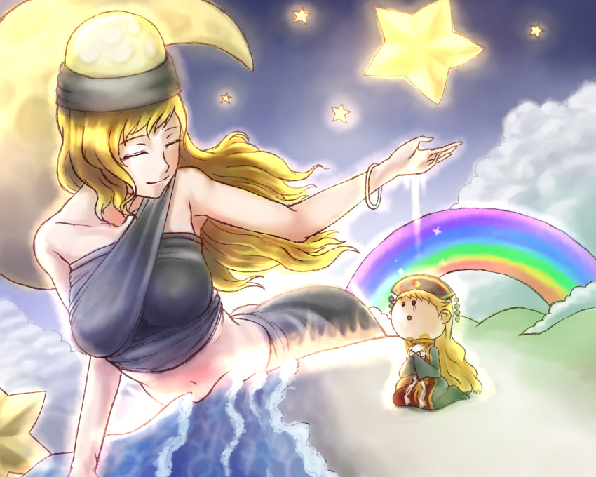 absurdres ass beach breasts chibi cloud dress goddess hat hecatia_lapislazuli hecatia_lapislazuli_(moon) highres junko_(touhou) kamekichi27 kneeling large_breasts long_hair moon navel o_o ocean rainbow star tears touhou