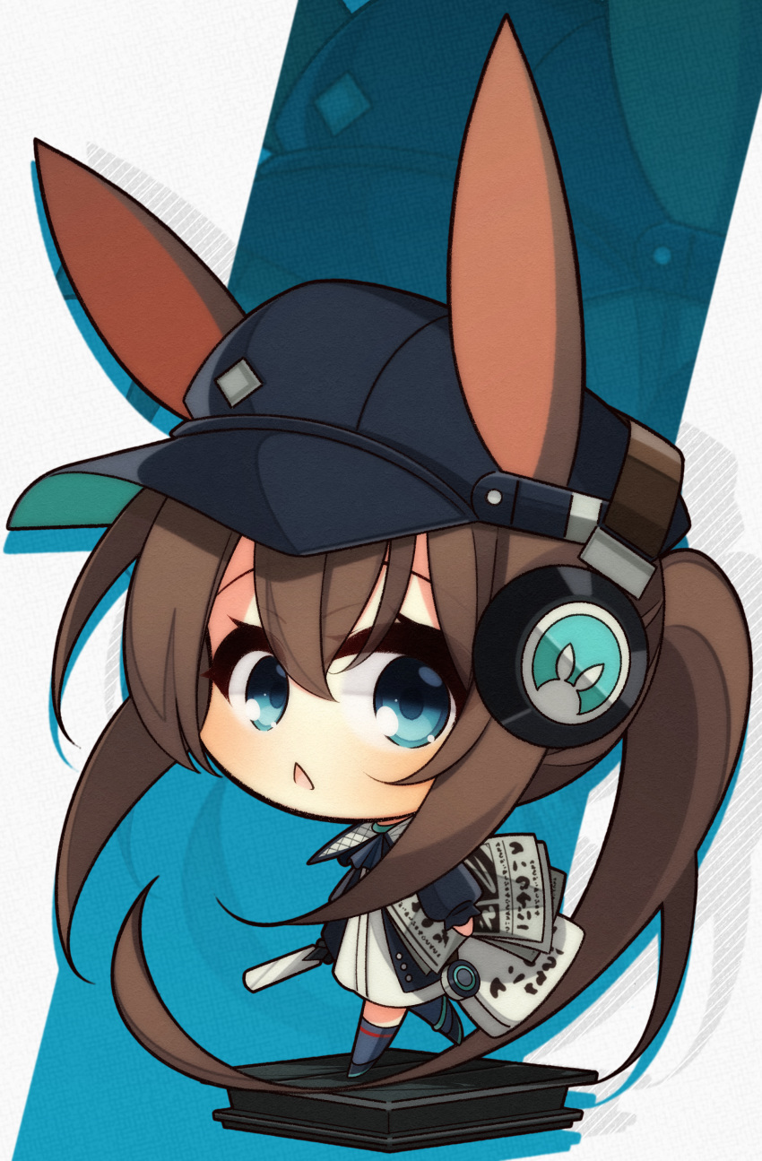 1girl 7:08 absurdres alternate_costume amiya_(arknights) animal_ears arknights bag bangs baseball_cap blue_eyes boots brown_hair bunny_ears chibi eyebrows_visible_through_hair hat headphones headphones_over_headwear highres holding holding_bag long_hair long_sleeves looking_at_viewer magazine open_eyes open_mouth socks solo stand triangle_mouth