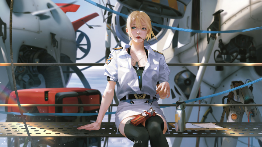 1girl belt black_legwear blonde_hair blue_eyes dog_tags eating facing_viewer food food_in_mouth g-tz highres jewelry lips long_hair looking_to_the_side military military_uniform mouth_hold naval_uniform original outdoors pendant pocky ponytail short_sleeves sitting solo thighhighs uniform