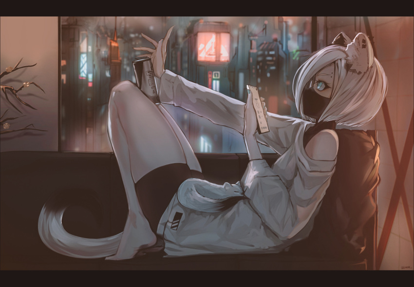 1girl animal_ears arknights balaclava bangs barefoot black_bodysuit blue_eyes bodysuit breasts can casual cellphone cityscape couch ear_piercing earrings ehrrr eyebrow_piercing ferret ferret_ears ferret_girl ferret_tail from_side hair_over_one_eye highres holding holding_can holding_phone indoors jewelry letterboxed long_sleeves looking_up night off-shoulder_shirt off_shoulder partial_bodysuit phone piercing shirayuki_(arknights) shirt short_hair sidelocks slit_pupils small_breasts smartphone solo tail white_hair white_shirt window