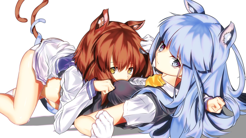 2girls all_fours animal_ear_fluff animal_ears ascot blouse blue_hair blue_sailor_collar brown_hair cat_ears cat_tail dress grey_vest hatsukaze_(kantai_collection) highres hime_cut kantai_collection kemonomimi_mode lying multiple_girls panties sailor_collar sailor_dress short_hair simple_background slit_pupils tail underwear vest west_(west_0916) white_background white_blouse white_panties yellow_eyes yellow_neckwear yukikaze_(kantai_collection)
