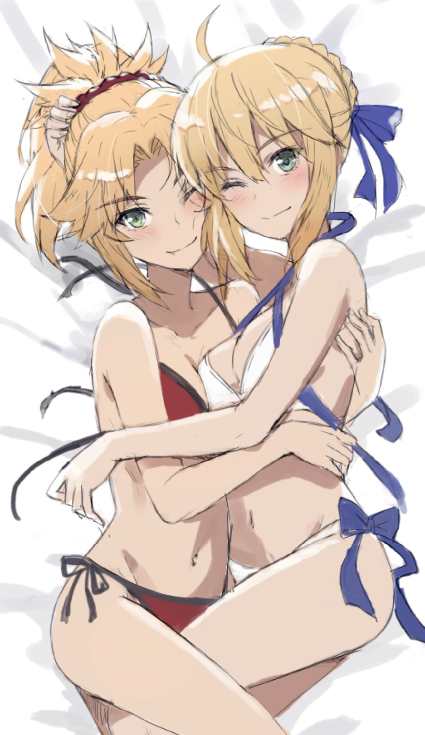 2girls absurdres ahoge artoria_pendragon_(all) artoria_pendragon_(swimsuit_archer) bangs bare_shoulders bikini blonde_hair blue_ribbon blush braid breasts cleavage closed_mouth fate/grand_order fate_(series) french_braid green_eyes hair_between_eyes hair_bun hair_ornament hair_ribbon hair_scrunchie highres hug long_hair looking_at_viewer mordred_(fate)_(all) mordred_(swimsuit_rider)_(fate) multiple_girls navel one_eye_closed parted_bangs ponytail red_bikini red_scrunchie ribbon scrunchie sidelocks small_breasts smile swimsuit thighs tonee white_bikini