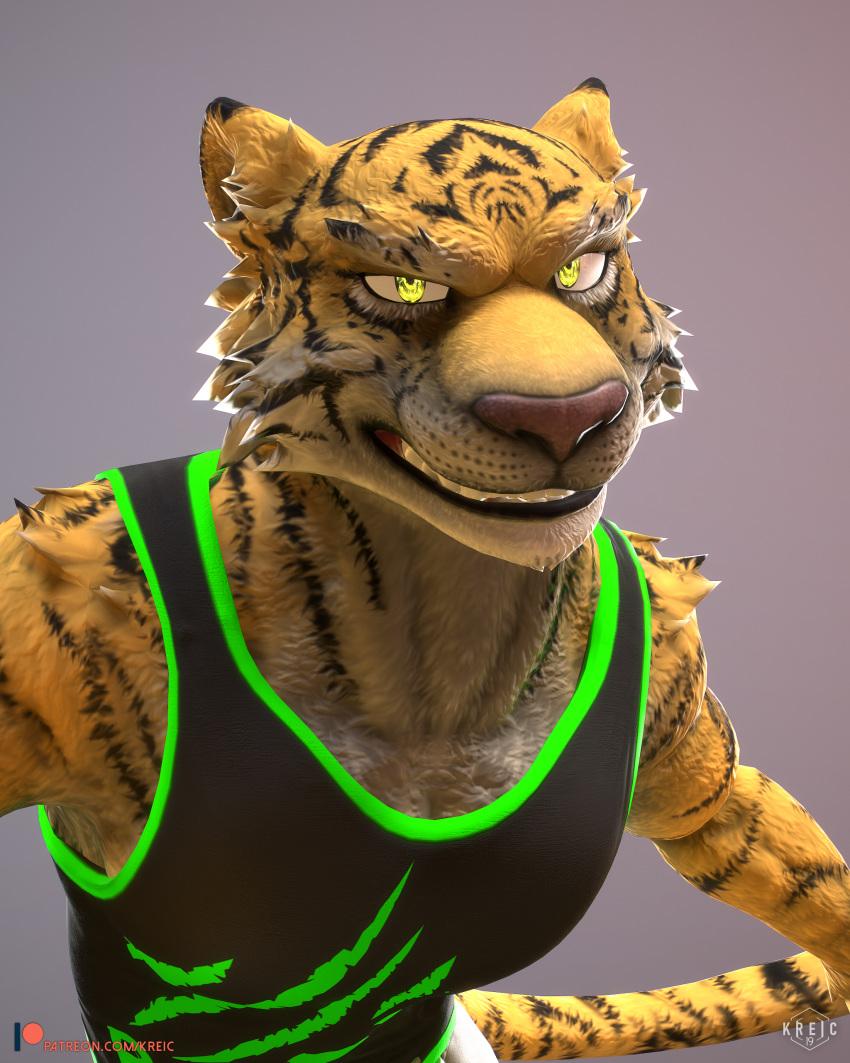 2020 3d_(artwork) absurd_res digital_media_(artwork) felid feline grin hi_res kreic looking_at_viewer male mammal pantherine smile tiger