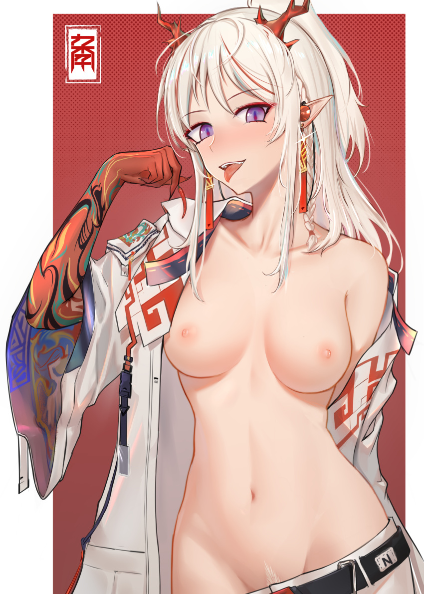 1girl absurdres anming arknights bangs belt blush braid breasts chili cowboy_shot earrings eyebrows_visible_through_hair food groin highres holding holding_food horns jewelry long_hair looking_at_viewer medium_breasts multicolored_hair navel nian_(arknights) nipples open_clothes pointy_ears pubic_hair purple_eyes red_hair shorts shorts_pull sidelocks silver_hair smile solo stomach streaked_hair tongue tongue_out