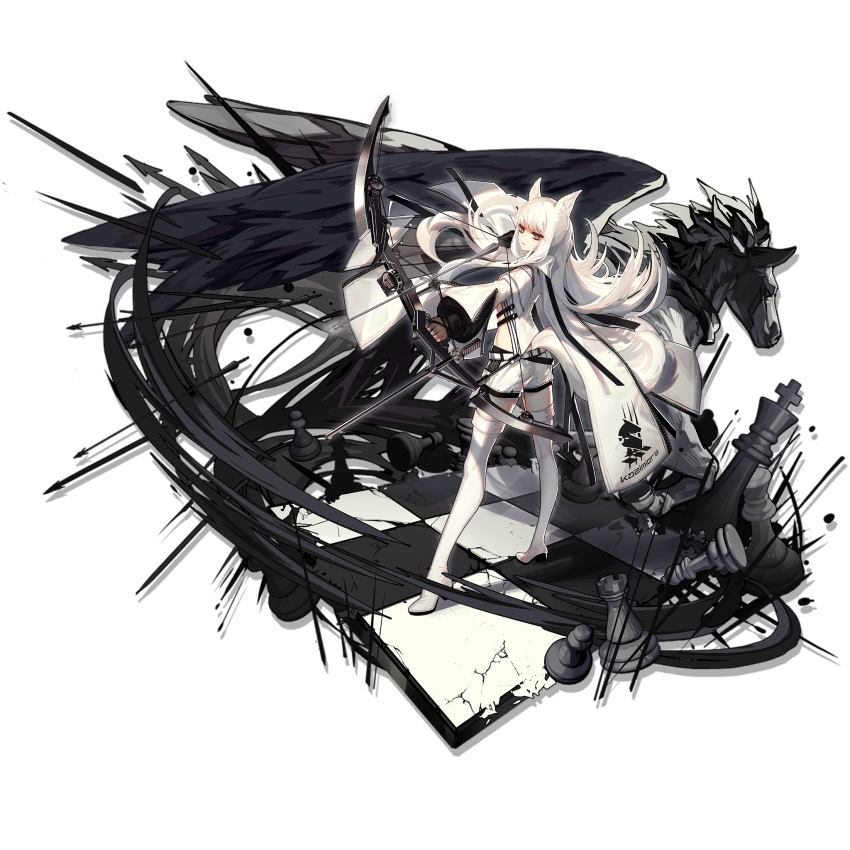 1girl aiming animal_ear_fluff animal_ears arknights arrow asymmetrical_shirt asymmetrical_sleeves bangs belt black_gloves boots bow_(weapon) brown_eyes chess_piece chessboard cloak compound_bow elbow_gloves elite_ii_(arknights) expressionless eyebrows_visible_through_hair floating_hair full_body gloves high_collar high_heel_boots high_heels highres holding holding_arrow holding_bow_(weapon) holding_weapon horse_ears horse_girl horse_tail jacket long_hair long_sleeves looking_at_viewer looking_away official_art pegasus platinum_(arknights) shirt short_shorts shorts single_glove skade solo standing tachi-e tail thigh_boots thighhighs transparent_background very_long_hair weapon white_cloak white_footwear white_hair white_shirt white_shorts wide_sleeves wind zipper