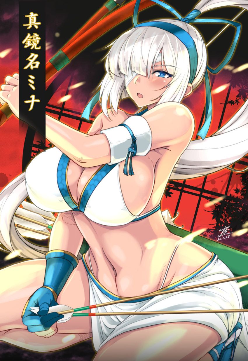 1girl arrow bandage_over_one_eye bangs blue_eyes blue_gloves blue_hairband blunt_bangs bow_(weapon) breasts cleavage commentary_request dark_skin eyebrows_visible_through_hair gloves hairband highres holding holding_bow_(weapon) holding_weapon large_breasts long_hair looking_at_viewer majikina_mina navel open_mouth partly_fingerless_gloves ponytail samurai_spirits sarong single_glove solo stomach very_long_hair weapon white_hair yasakani_an yugake