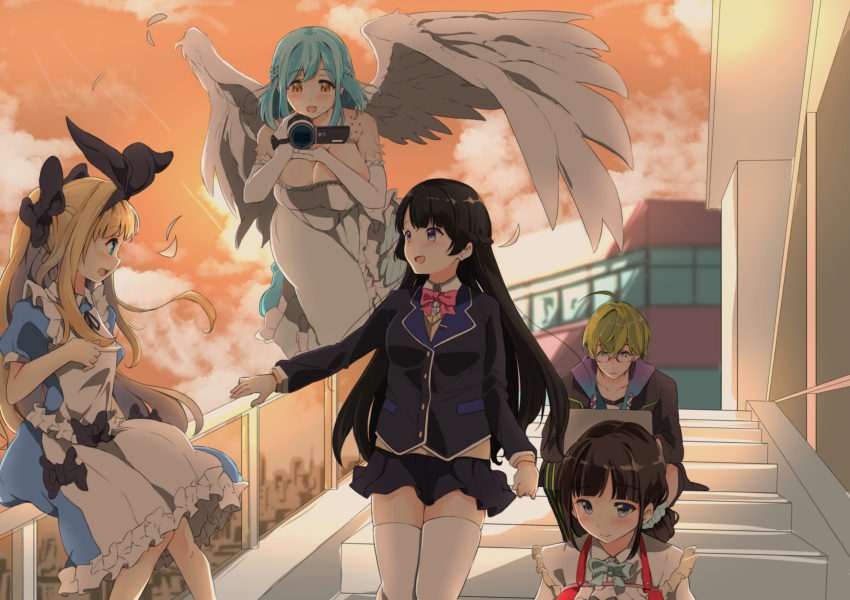 1boy 4girls absurdres ahoge bare_shoulders black_bow black_hair black_jacket blazer blonde_hair blue_dress blue_eyes blue_hair bow braid breasts camera cleavage computer crown_braid dress elbow_gloves feathered_wings frilled_dress frills gloves green_hair hair_bow highres jacket laptop long_hair moira_(nijisanji) mononobe_alice multiple_girls nijisanji orange_eyes outdoors school_uniform shibuya_hajime skirt smile suzuka_utako syun_the_ride tsukino_mito twilight two-tone_dress virtual_youtuber white_dress white_hair white_legwear wings