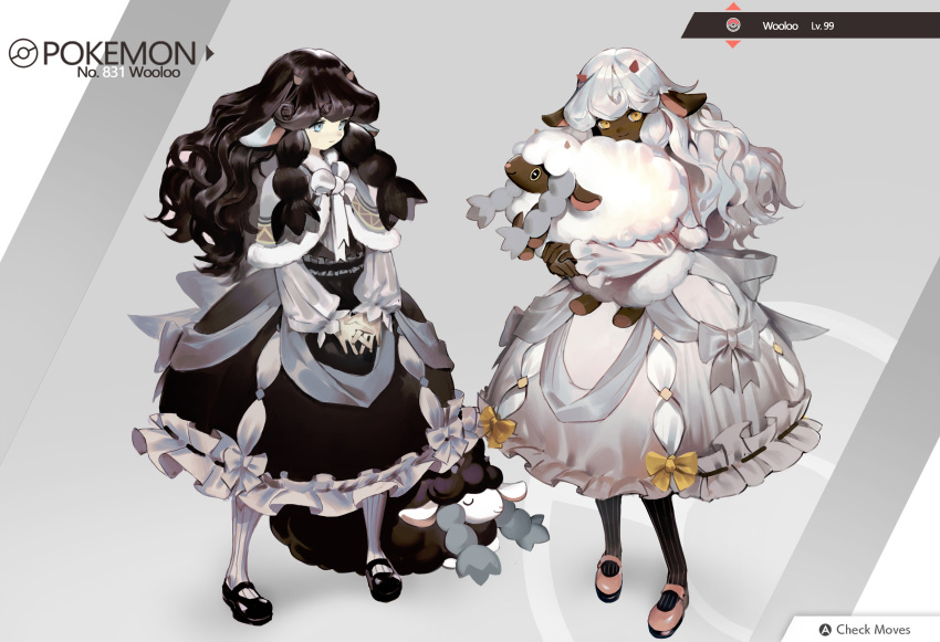 2girls absurdres animal animal_ears black_dress black_hair black_legwear blue_eyes bow braid creature creature_and_personification dark_skin dress dress_shoes frilled_dress frills full_body gameplay_mechanics gen_8_pokemon highres holding holding_animal horns long_hair looking_at_viewer multiple_girls pantyhose personification poke_ball poke_ball_(generic) pokemon pokemon_(creature) pokemon_number sheep sheep_ears shoes shycocoa smile striped striped_legwear twin_braids vertical-striped_legwear vertical_stripes very_dark_skin white_bow white_dress white_hair white_legwear wool wooloo yellow_bow yellow_eyes