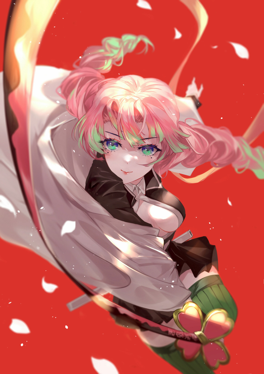 1girl bangs black_jacket black_skirt braid breasts cleavage collared_shirt dress_shirt floating_hair green_eyes green_hair green_legwear highres holding holding_sword holding_weapon jacket kanroji_mitsuri kimetsu_no_yaiba long_hair long_sleeves looking_at_viewer medium_breasts miniskirt mole mole_under_eye multicolored_hair open_clothes open_jacket outstretched_arms partially_unbuttoned petals pink_hair pleated_skirt red_background sheath shiny shiny_hair shirt simple_background skirt solo striped striped_legwear sword thighhighs twin_braids two-tone_hair unbuttoned unbuttoned_shirt vardan vertical-striped_legwear vertical_stripes very_long_hair weapon white_shirt wing_collar zettai_ryouiki